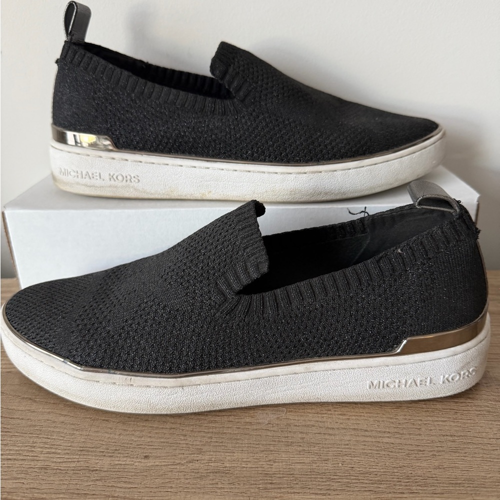 Michael Kors Black Slip-On Knit Sneakers with Silver Trim